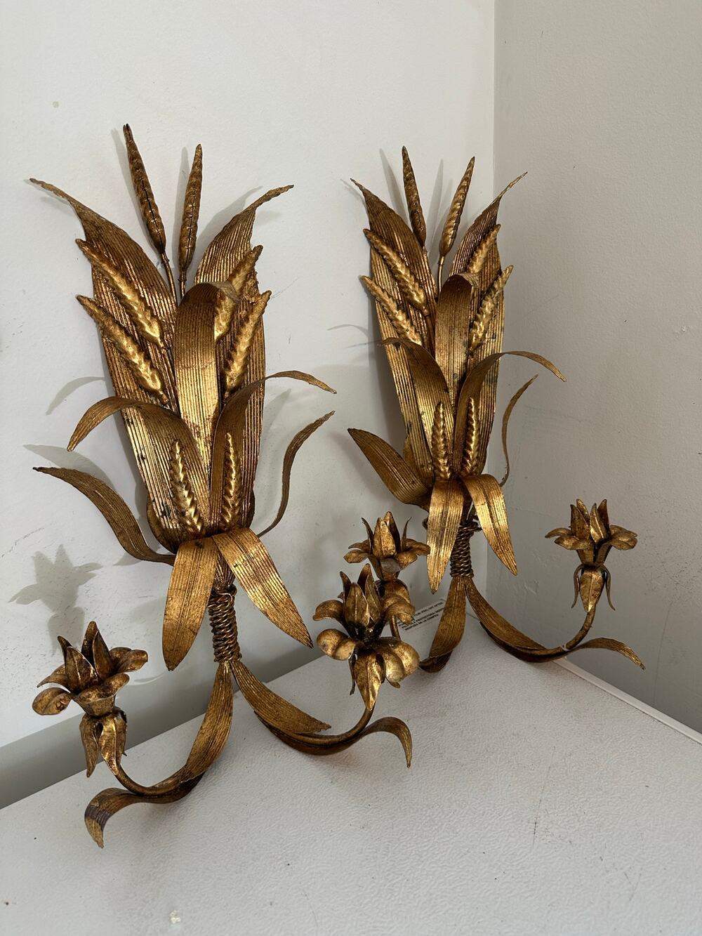Vintage Wheat Sheaf Gold Metal Wall 2 arm Candle Sconces ItalyHollywood regency